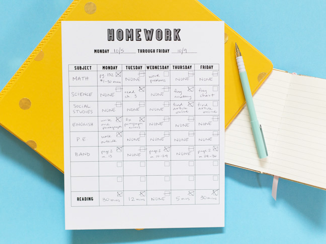 homework chart printable