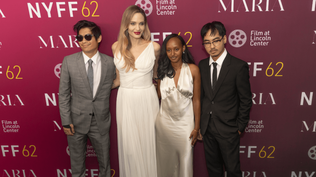 Pax Thien Jolie, Angelina Jolie, Zahara Marley Jolie, and Maddox Chivan Jolie attend the "Maria" Premiere during the 62nd New York Film Festival at Alice Tully Hall on September 29, 2024 in New York City.