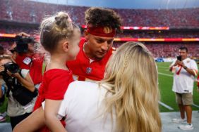 Quarterback Patrick Mahomes #15 of the Kansas City Chiefs is seen with wife Brittany Mahomes and daughter Sterling Skye before taking on the Baltimore Ravens at GEHA Field at Arrowhead Stadium on September 05, 2024, in Kansas City, Missouri.