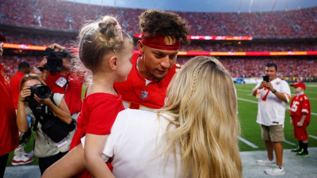 Quarterback Patrick Mahomes #15 of the Kansas City Chiefs is seen with wife Brittany Mahomes and daughter Sterling Skye before taking on the Baltimore Ravens at GEHA Field at Arrowhead Stadium on September 05, 2024, in Kansas City, Missouri.