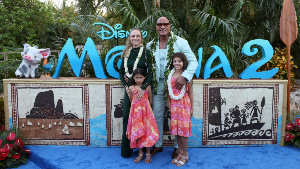 Lauren Hashian, Tiana Johnson, Dwayne Johnson and Jasmine Johnson attend the World Premiere of Walt Disney Animation Studios' "Moana 2" in Kapolei, Hawaii on November 21, 2024.