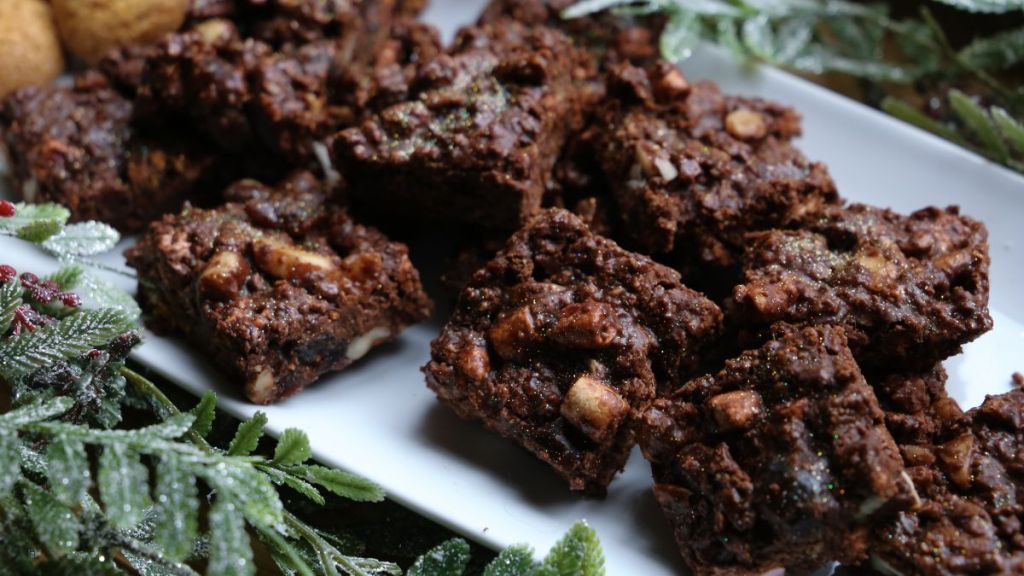 Chocolate Rocky Road with a festive twist; made with amaretti biscuits, Brazil nuts and morello cherries.