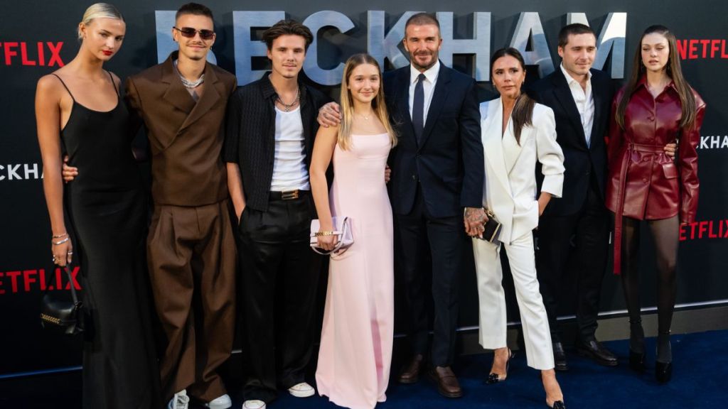 Mia Regan, Romeo Beckham, Cruz Beckham, Harper Beckham, David Beckham, Victoria Beckham, Brooklyn Beckham and Nicola Peltz attend the Netflix 'Beckham' UK Premiere at The Curzon Mayfair on October 03, 2023 in London, England.