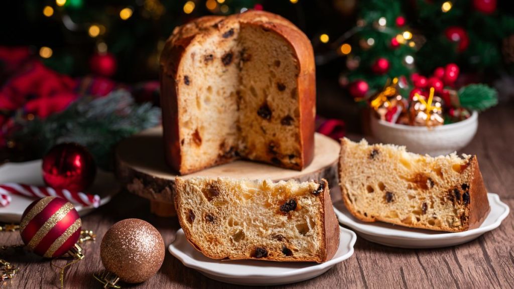 Traditional Italian Christmas cake Panettone with festive decorations