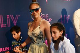 Jennifer Lopez (C) with children Emme Maribel Muñiz and Maximilian David Muñiz at the 2020 Pegasus World Cup Championship Invitational Series at David Grutman's LIV Stretch Village on January 25, 2020 in Hallandale Beach, Florida.