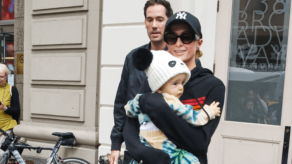 Carter Reum, Paris Hilton with son Phoenix Barron Hilton Reum are seen on October 18, 2023 in New York City.