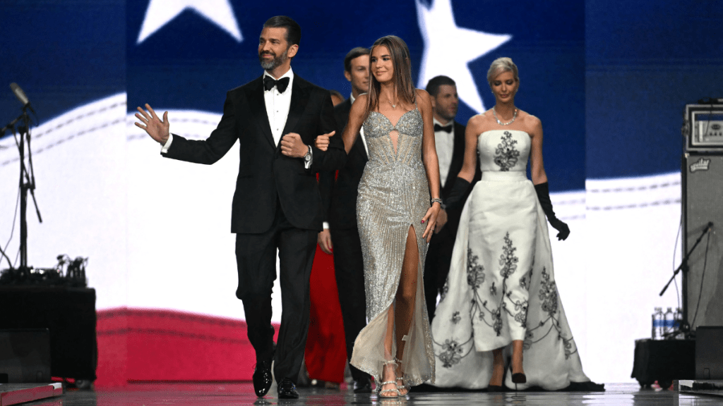 Sons of US President Donald Trump Eric Trump (2nd R) and son Donald Trump Jr. (L), his daughter Ivanka Trump (R) and granddaughter Kai Madison Trump attend the Liberty inaugural ball in Washington, DC, on January 20, 2025.