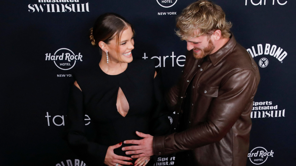 Danish model Nina Agdal and fiance US wrestler and influencer Logan Paul attend Sport Illustrated swimsuit 2024 issue release and 60th anniversary red carpet in New York City, on May 16, 2024.