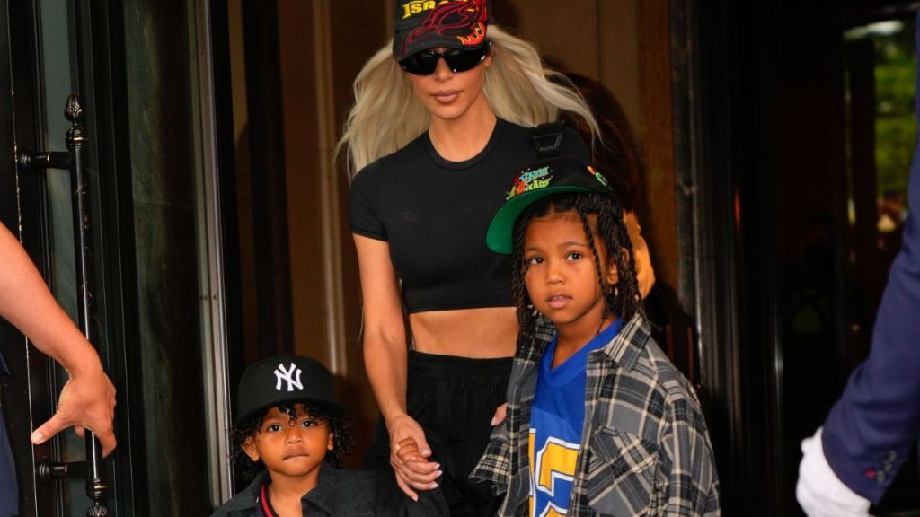 Kim Kardashian, Saint West, and Psalm West depart their hotel on June 22, 2022 in New York City.