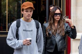 Victoria Beckham (R) and son Cruz Beckham are seen on September 30, 2023 in Paris, France.