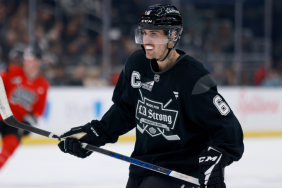 Justin Bieber #6 of Team Black tracks the puck against Team Red during NHL & Los Angeles Kings Present "Skate For LA Strong" at Crypto.com Arena on February 23, 2025 in Los Angeles, California.