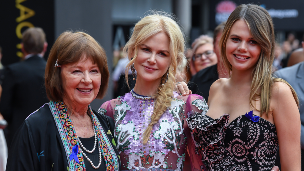 Actress Nicole Kidman (centre) with her mother Janelle Ann Kidman (left) and niece Lucia Hawley (right) as they attend the 2018 AACTA Awards Presented by Foxtel at The Star on December 05, 2018 in Sydney, Australia.