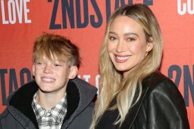 Luca Comrie and Hilary Duff pose at the opening night of Second Stage Theatre's new play "The Cult of Love" on Broadway at The Hayes Theater on December 12, 2024 in New York City.